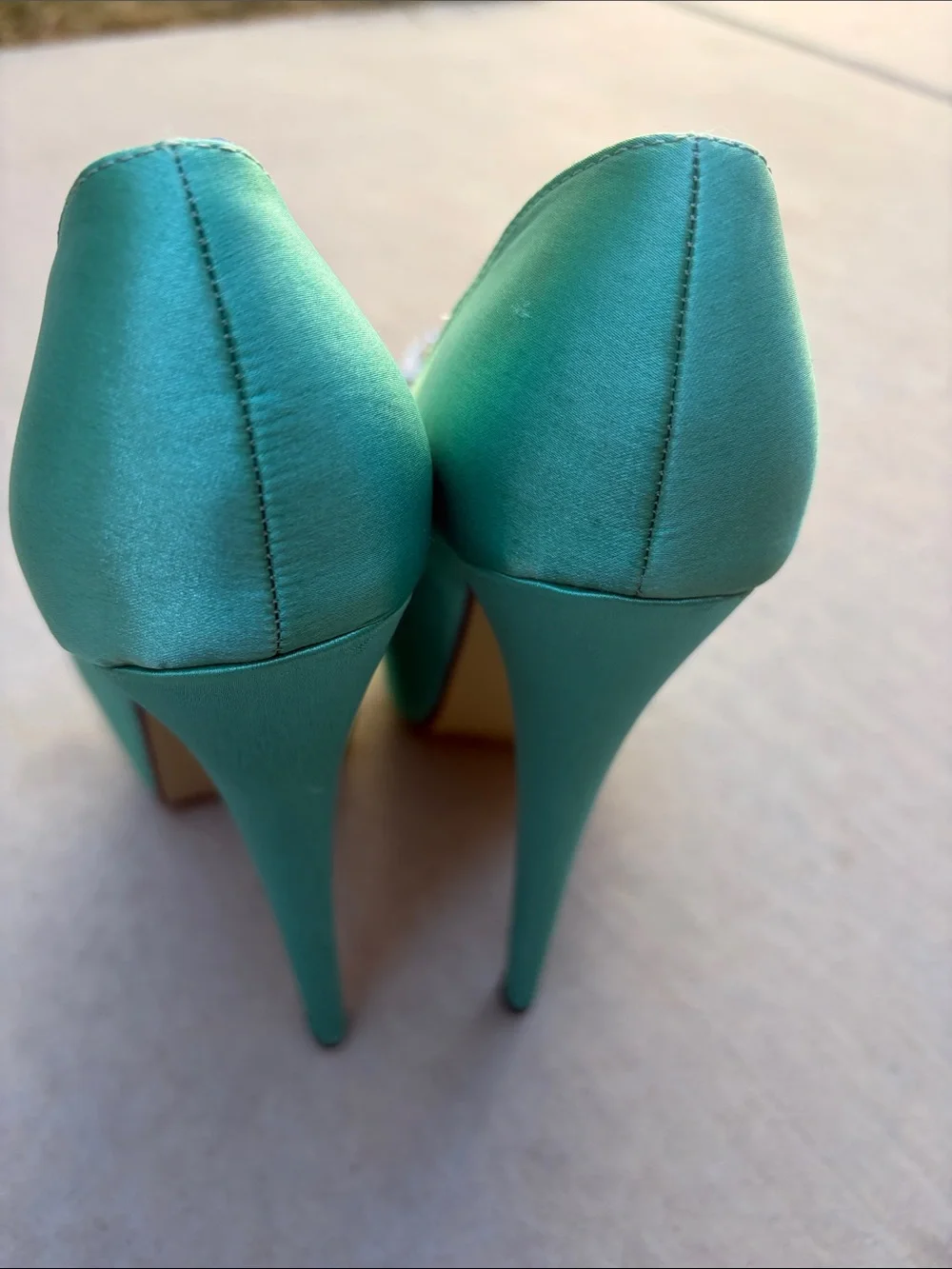 Women's Teal Satin Platform High Heels with Crystal Buckle